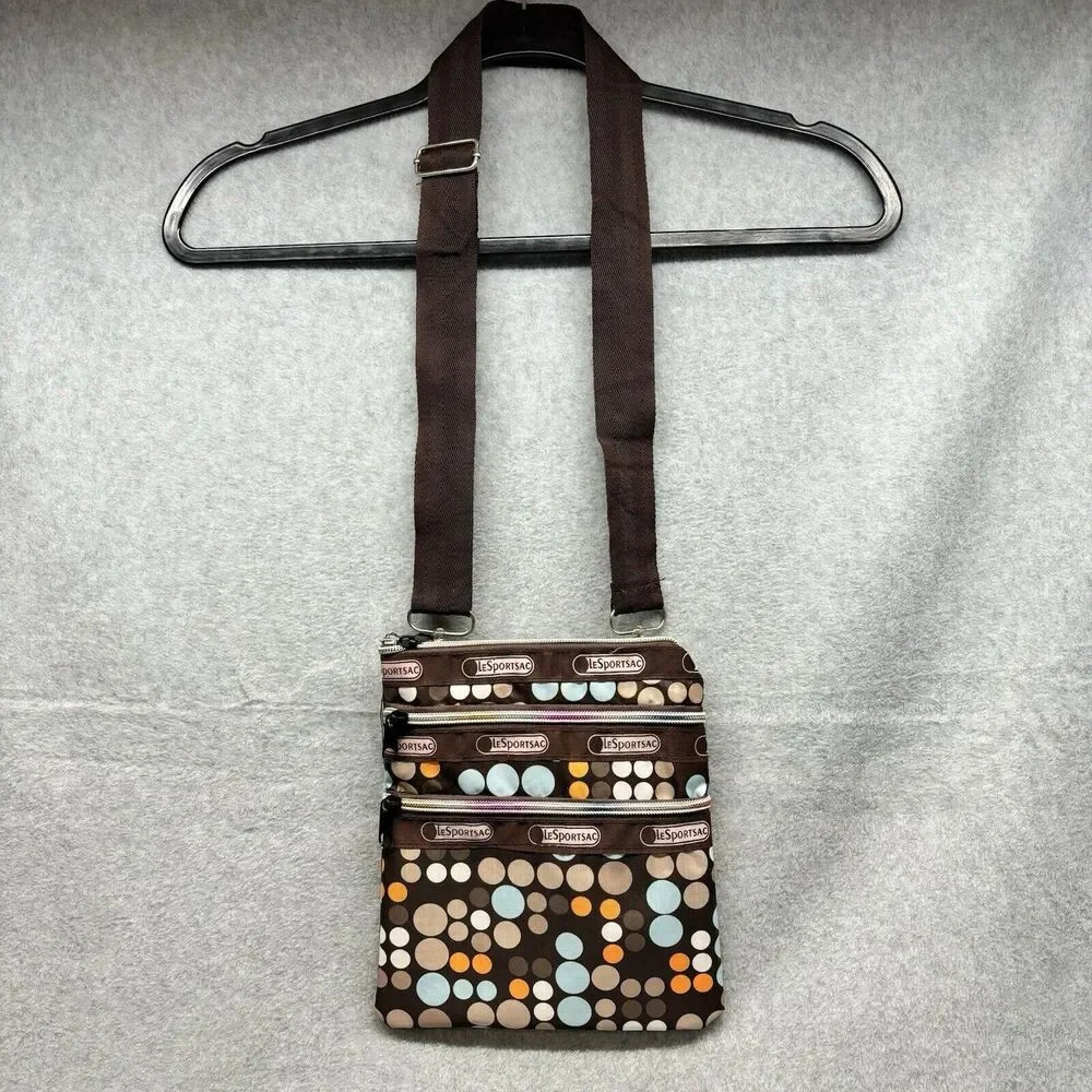 LeSportsac Crossbody Bag 3 Zip Brown Polka Dot Adjustable Strap Floral Lining